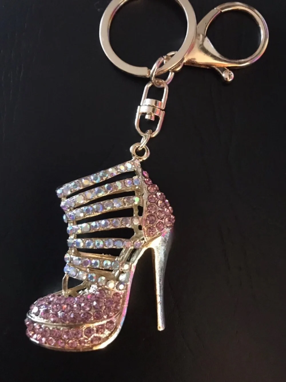 Crystal High Heel Shoe Keychain Bag Charm Gold & Pink Sparkly Bling Rhinestones
